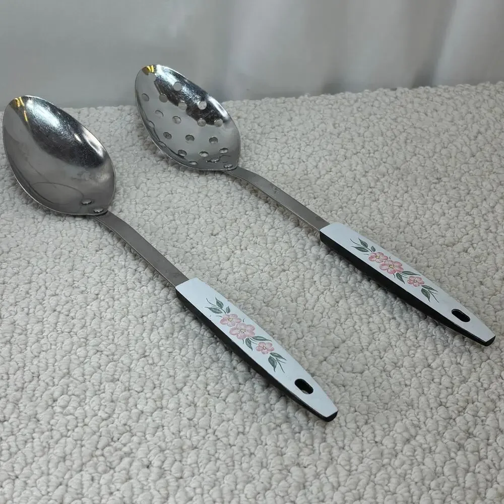 Peach Blossom Slotted & Basting Spoon Set of 2 Vintage Kitchen Utensils Retro